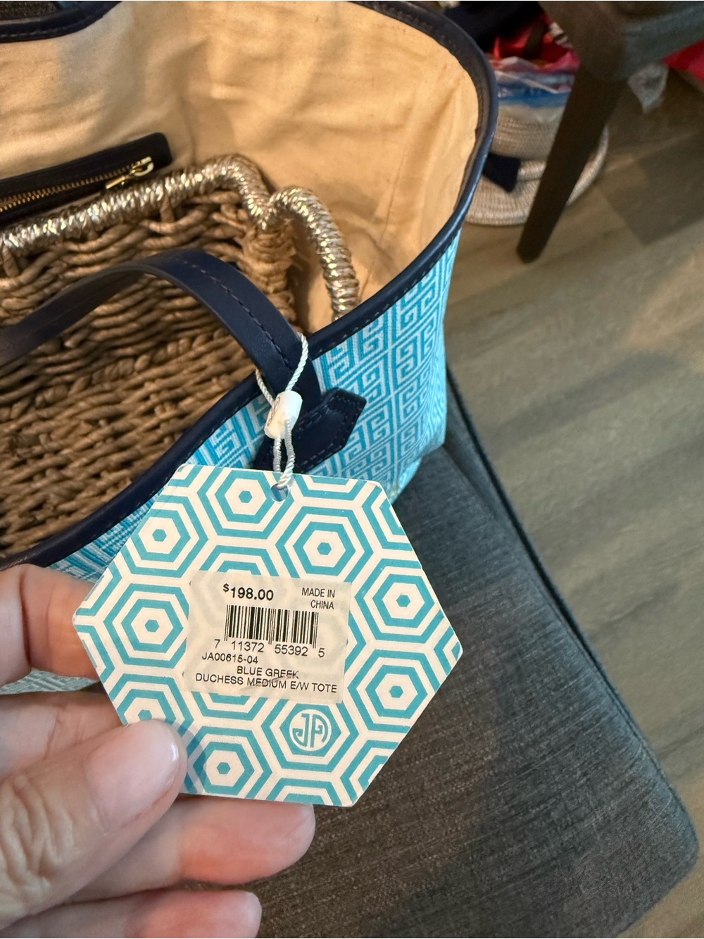 Jonathan Adler Duchess Medium E/W Tote Blue Greek Key – $198 Retail - Picture 5 of 11